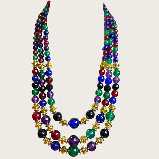 Vintage Triple-Strand Lucite Beaded Necklace – Red, Blue, Green with Gold-Tone Accents