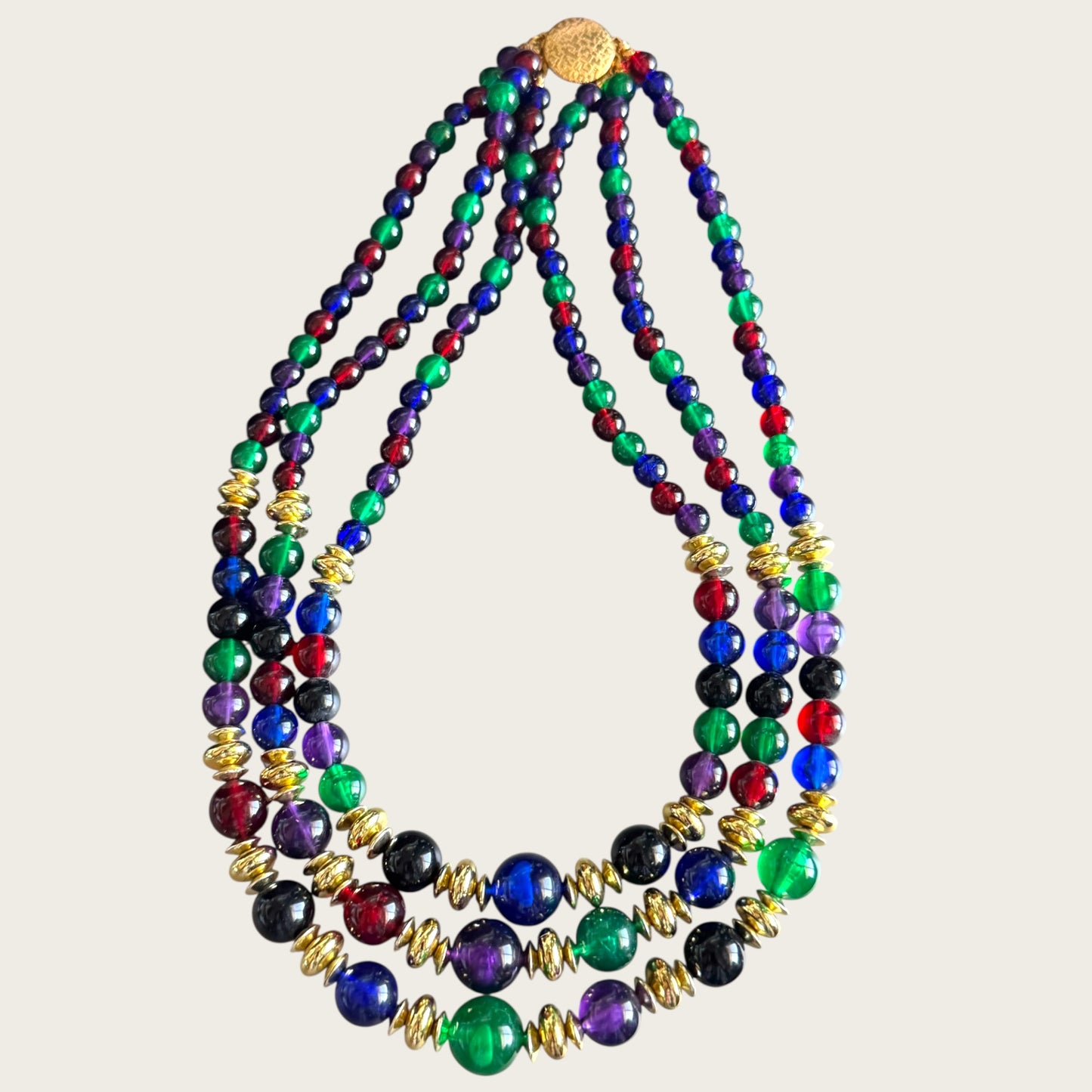 Vintage Triple-Strand Lucite Beaded Necklace – Red, Blue, Green with Gold-Tone Accents