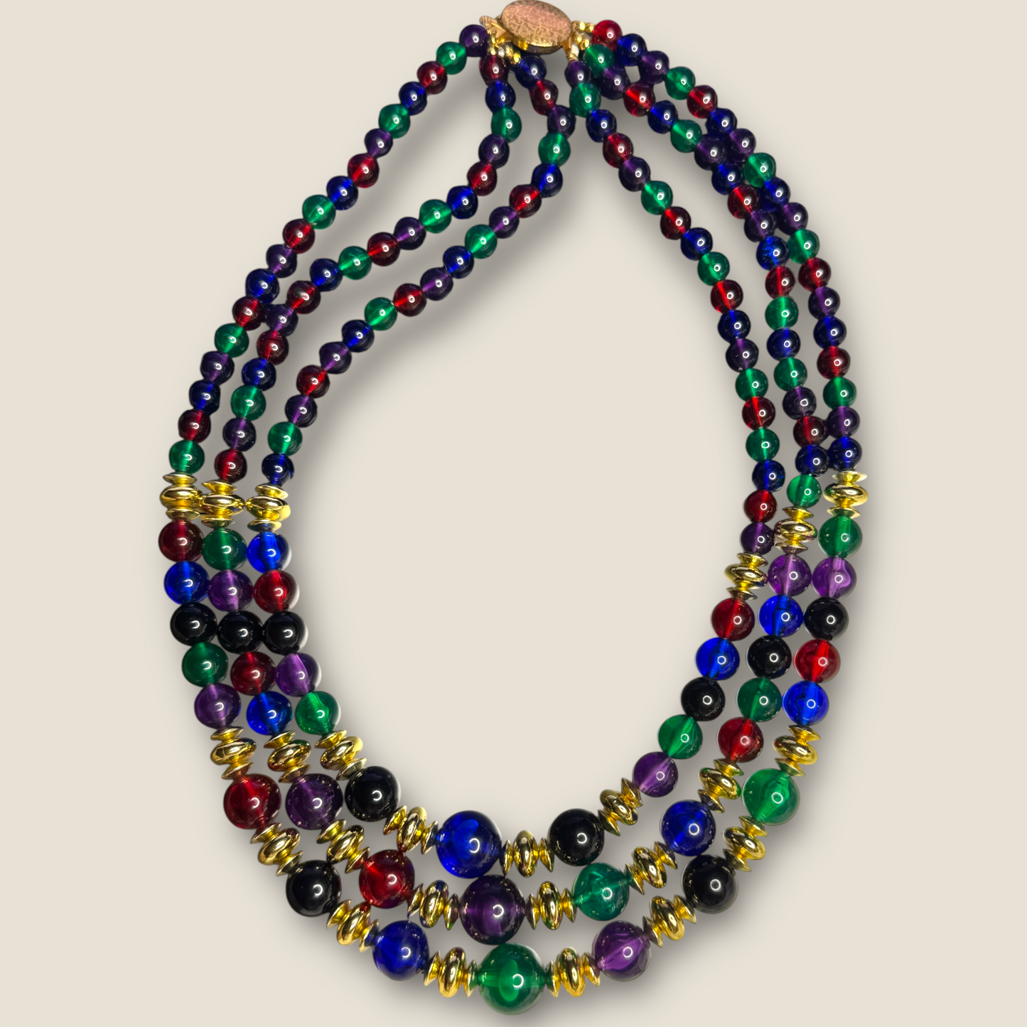 Vintage Triple-Strand Lucite Beaded Necklace – Red, Blue, Green with Gold-Tone Accents