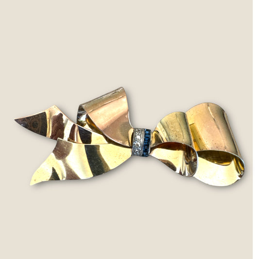 Vintage Taylord Sterling Vermeil Bow Brooch – 12K Gold-Filled Ribbon Pin with Simulated Sapphires