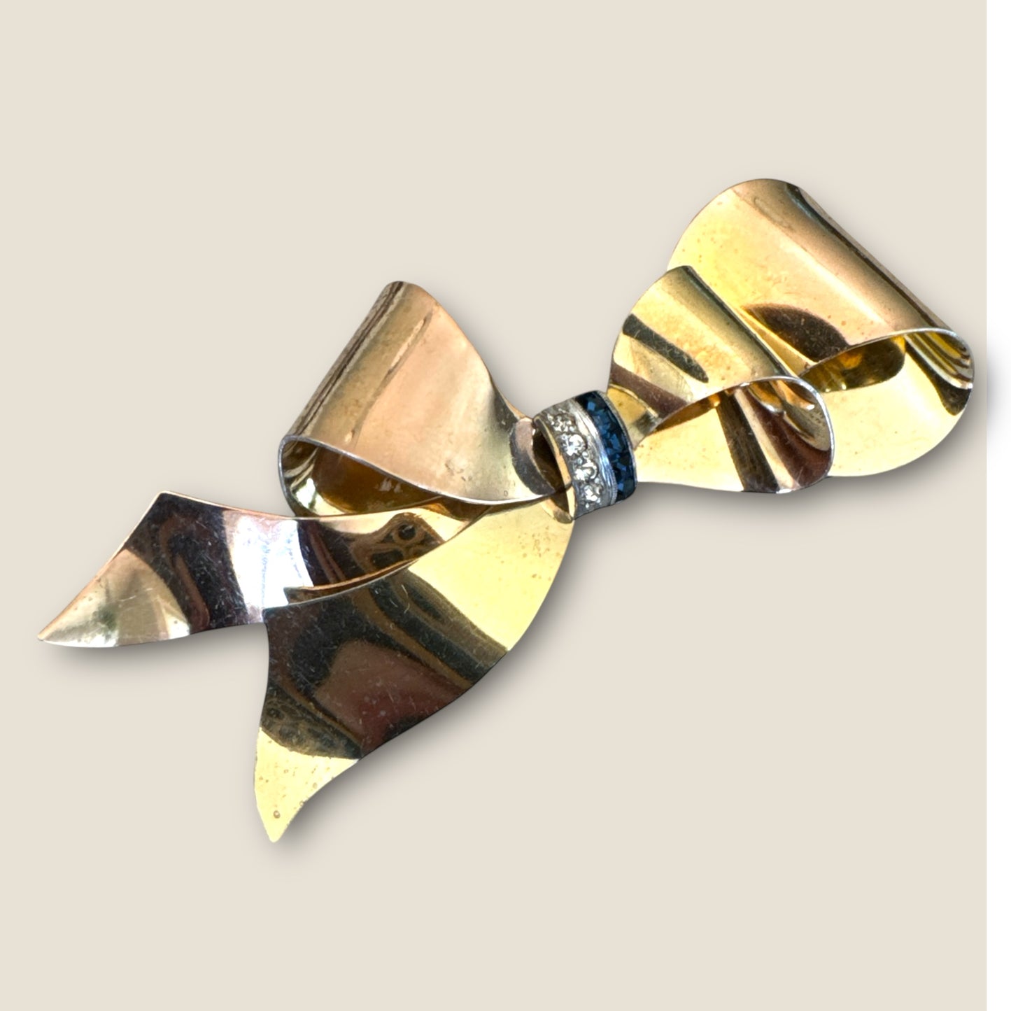 Vintage Taylord Sterling Vermeil Bow Brooch – 12K Gold-Filled Ribbon Pin with Simulated Sapphires