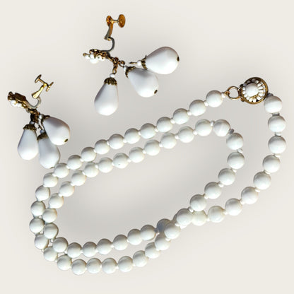Vintage Miriam Haskell White Milk Glass Necklace & Screw-Back Earrings Set – Signed Mid-Century Jewelry