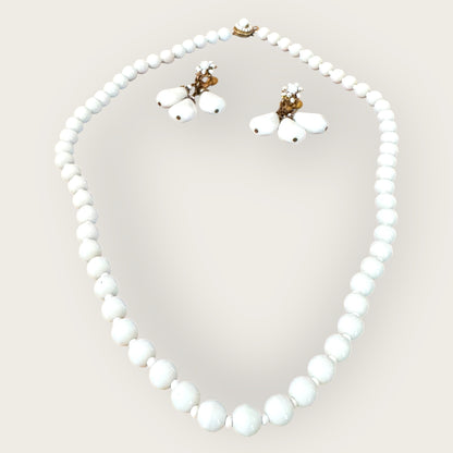 Vintage Miriam Haskell White Milk Glass Necklace & Screw-Back Earrings Set – Signed Mid-Century Jewelry