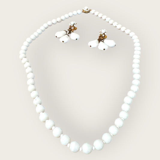 Vintage Miriam Haskell White Milk Glass Necklace & Screw-Back Earrings Set – Signed Mid-Century Jewelry