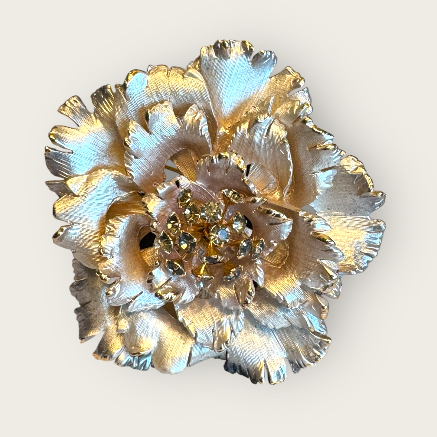 Vintage Silver Satin Metal Peony Flower Brooch with Smoky Rhinestones