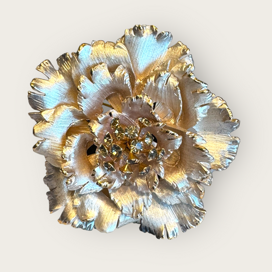 Vintage Silver Satin Metal Peony Flower Brooch with Smoky Rhinestones