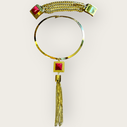 Rare Vince Camuto Runway Signed Necklace and Bracelet Set – Heavy Gold-Tone with Red Marbled Resin
