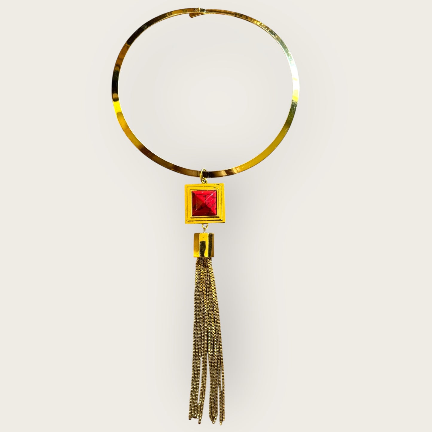 Rare Vince Camuto Runway Signed Necklace and Bracelet Set – Heavy Gold-Tone with Red Marbled Resin