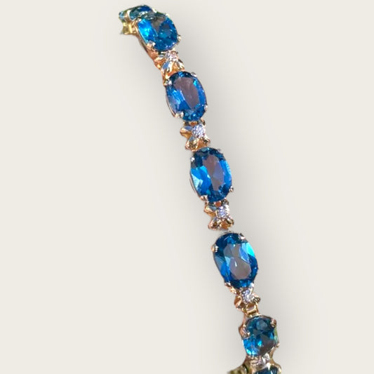 Vintage 14K Gold Blue Topaz and Diamond Tennis Bracelet – 8 Inch