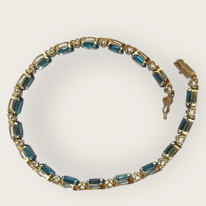 Vintage 14K Gold Blue Topaz and Diamond Tennis Bracelet – 8 Inch