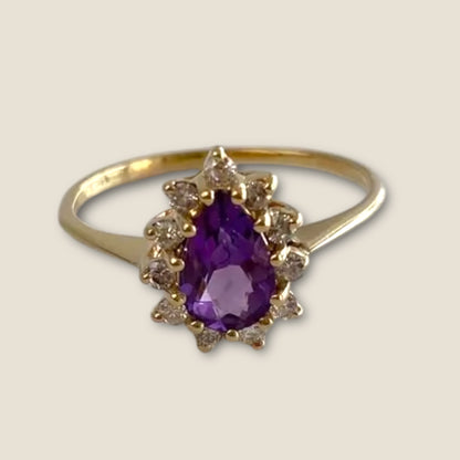 Vintage Solid 14k Yellow Gold Amethyst and Diamond Teardrop Halo Ring – Size 7 Estate Fine Jewelry