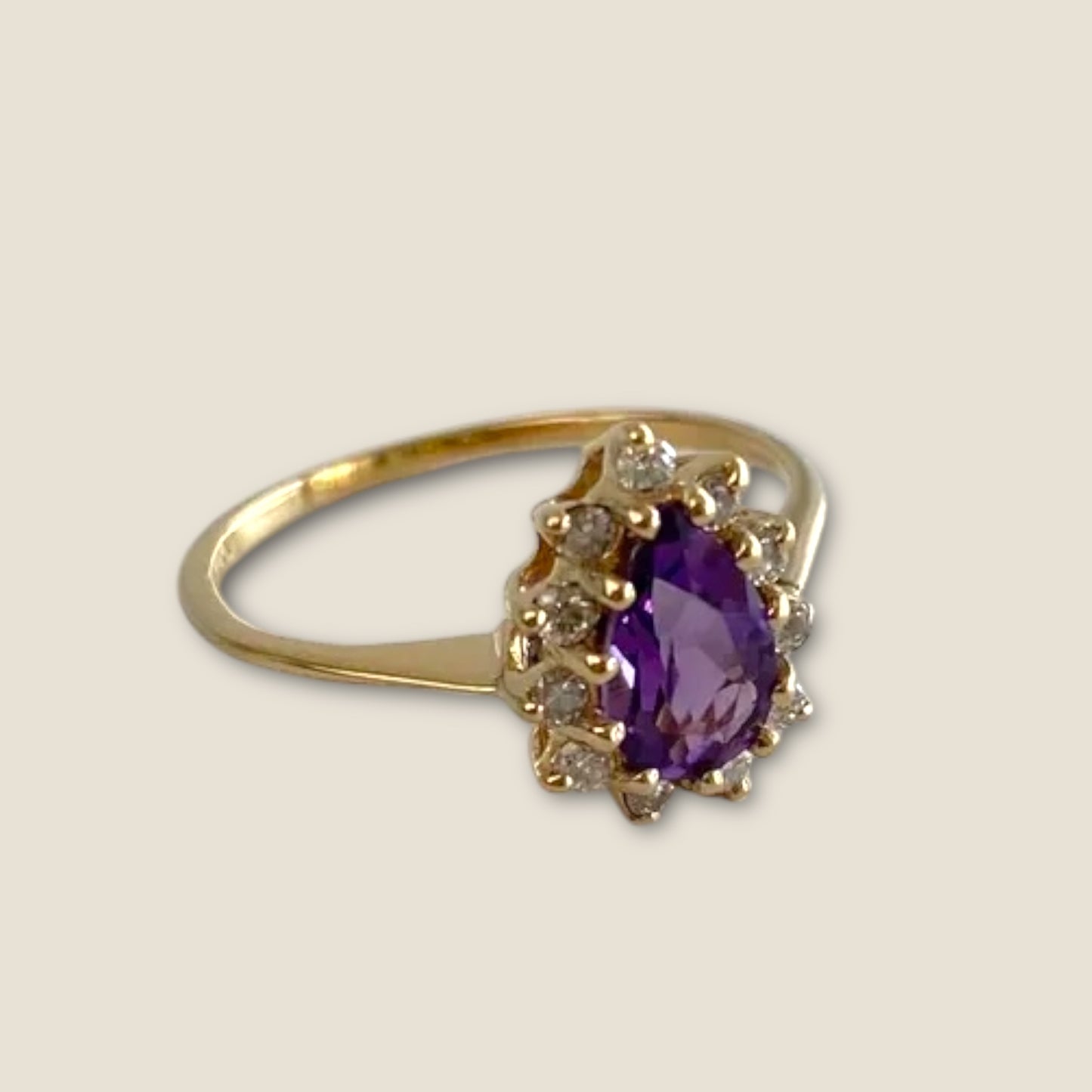 Vintage Solid 14k Yellow Gold Amethyst and Diamond Teardrop Halo Ring – Size 7 Estate Fine Jewelry