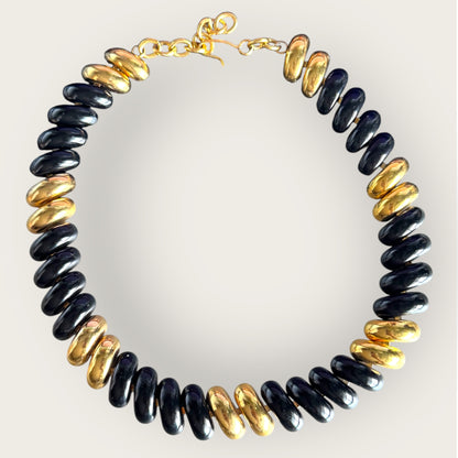 Vintage Signed Monet Black and Gold Tone Enamel Statement Necklace