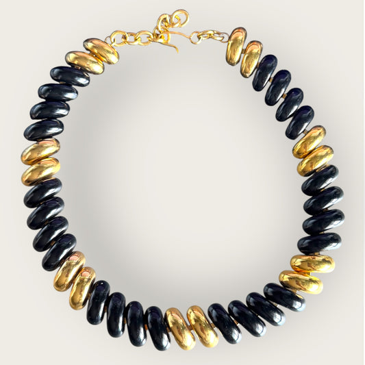 Vintage Signed Monet Black and Gold Tone Enamel Statement Necklace