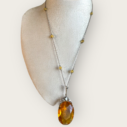 Antique Czechoslovakia Amber Glass and Silver Necklace – Faceted Beads and Signed Art Deco Pendant