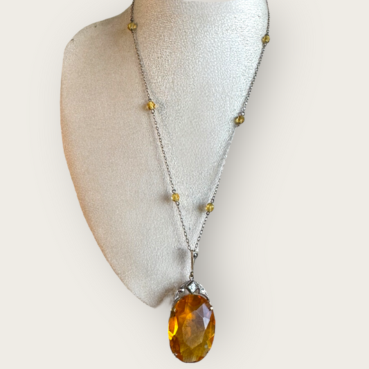 Antique Czechoslovakia Amber Glass and Silver Necklace – Faceted Beads and Signed Art Deco Pendant