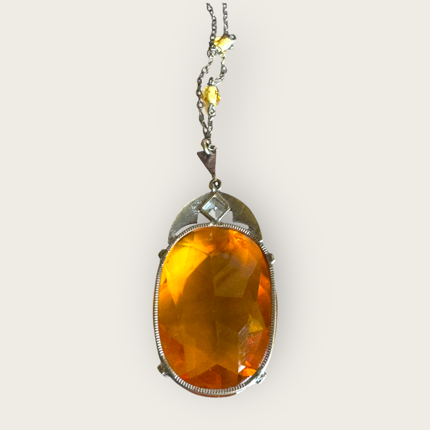 Antique Czechoslovakia Amber Glass and Silver Necklace – Faceted Beads and Signed Art Deco Pendant