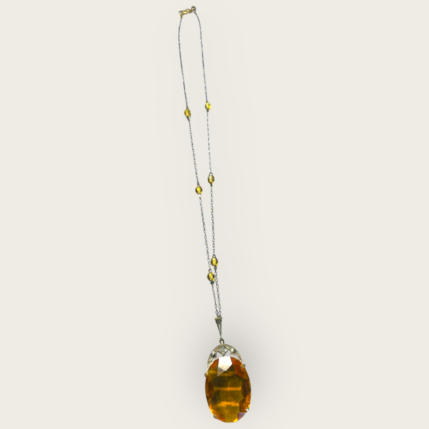 Antique Czechoslovakia Amber Glass and Silver Necklace – Faceted Beads and Signed Art Deco Pendant