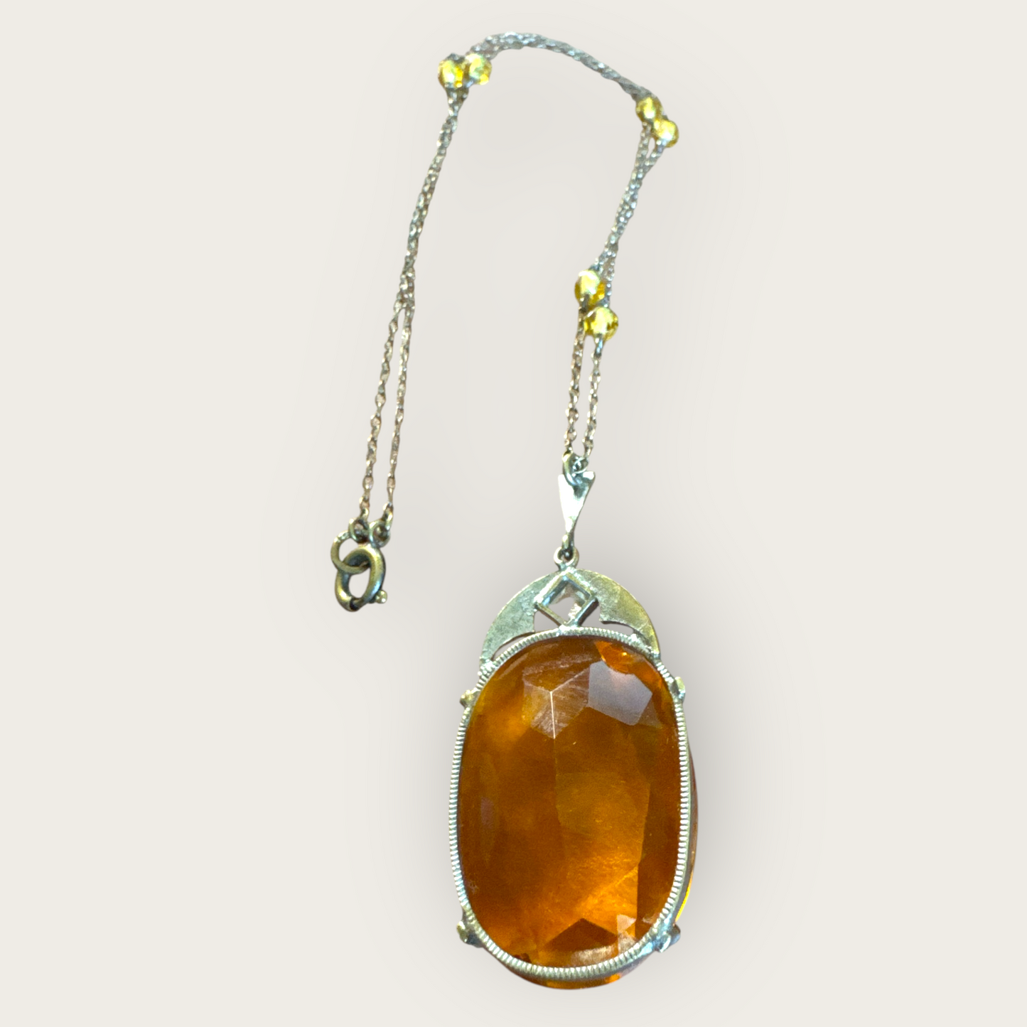 Antique Czechoslovakia Amber Glass and Silver Necklace – Faceted Beads and Signed Art Deco Pendant