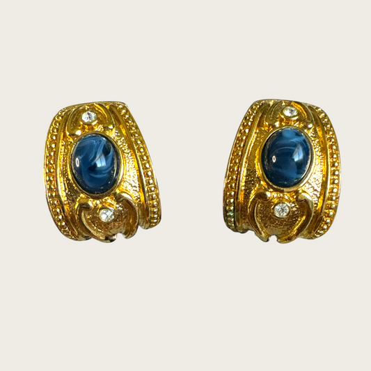 Vintage Signed Avon Chunky Gold-Tone Clip-On Earrings with Navy Lucite Cabochons