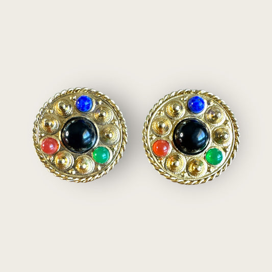 Unsigned Vintage Bold Gold-Tone Round Post Earrings with Mixed Glass and Lucite Cabochons