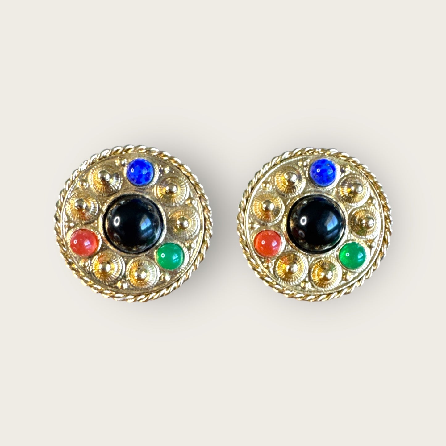 Unsigned Vintage Bold Gold-Tone Round Post Earrings with Mixed Glass and Lucite Cabochons