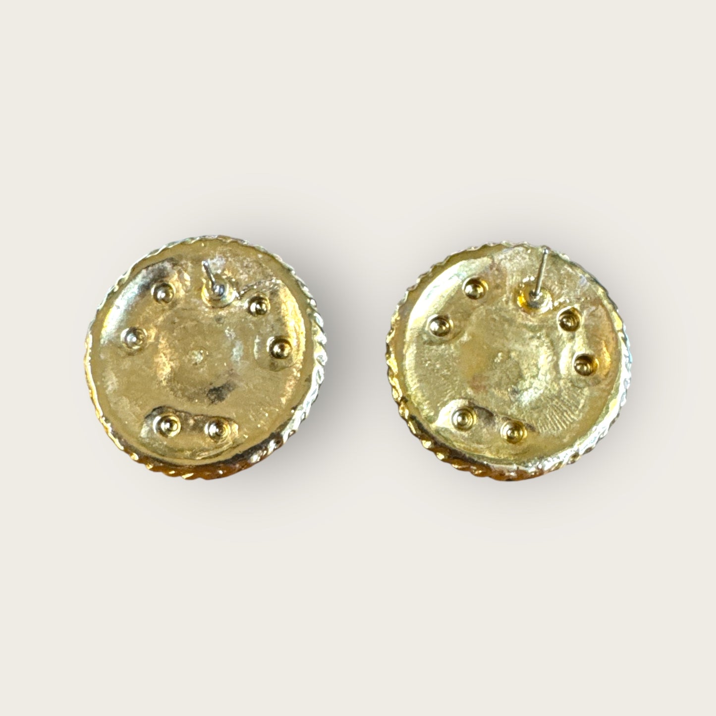 Unsigned Vintage Bold Gold-Tone Round Post Earrings with Mixed Glass and Lucite Cabochons