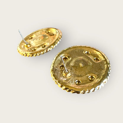 Unsigned Vintage Bold Gold-Tone Round Post Earrings with Mixed Glass and Lucite Cabochons