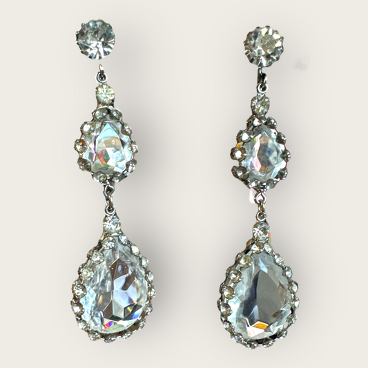 Silvertone Articulated Clip-On Teardrop Earrings with Framed Clear Rhinestones