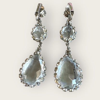 Silvertone Articulated Clip-On Teardrop Earrings with Framed Clear Rhinestones