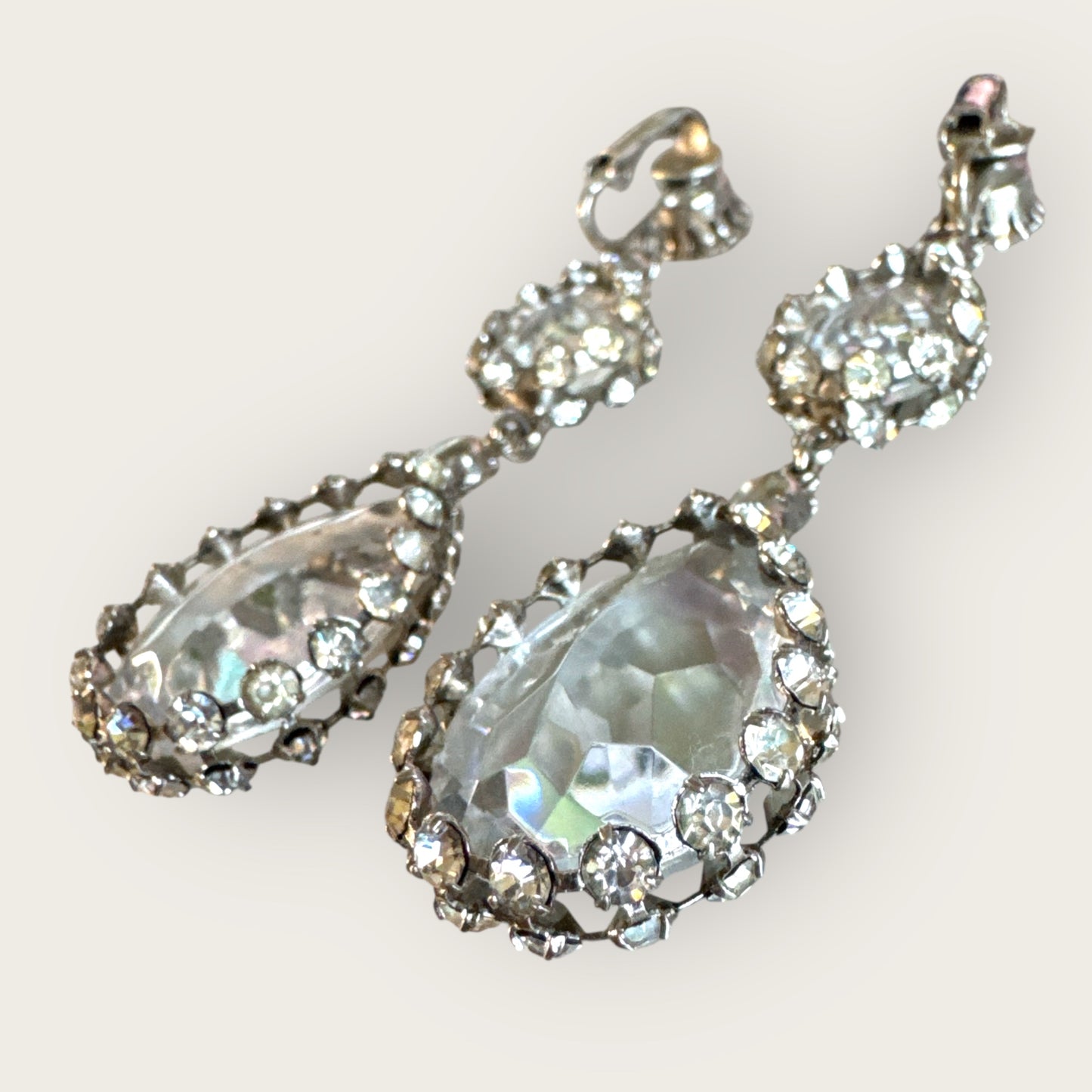 Silvertone Articulated Clip-On Teardrop Earrings with Framed Clear Rhinestones