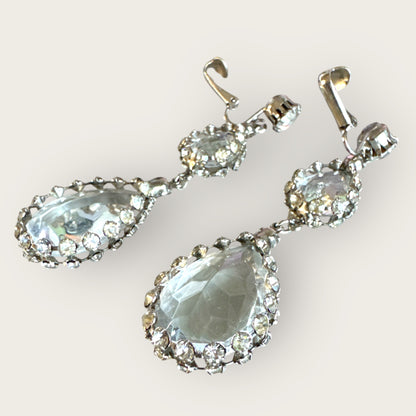 Silvertone Articulated Clip-On Teardrop Earrings with Framed Clear Rhinestones