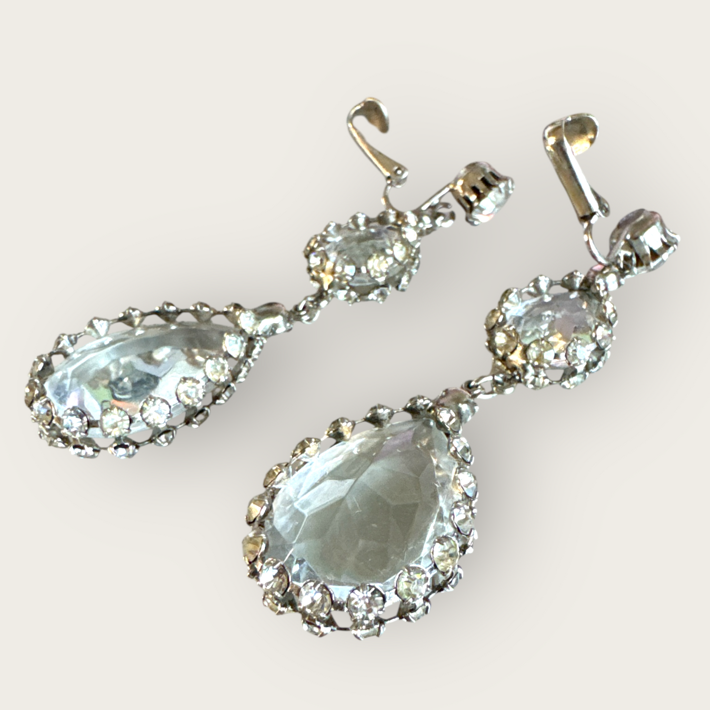 Silvertone Articulated Clip-On Teardrop Earrings with Framed Clear Rhinestones