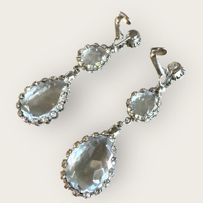Silvertone Articulated Clip-On Teardrop Earrings with Framed Clear Rhinestones