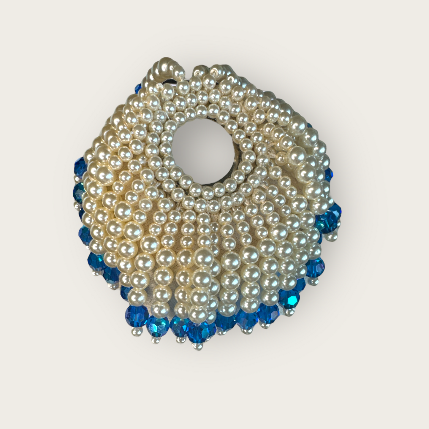 Rare Vintage 1950s–1960s Heavy Pearl and Royal Blue Faceted Glass Fringe Brooch – Unsigned Statement Pin