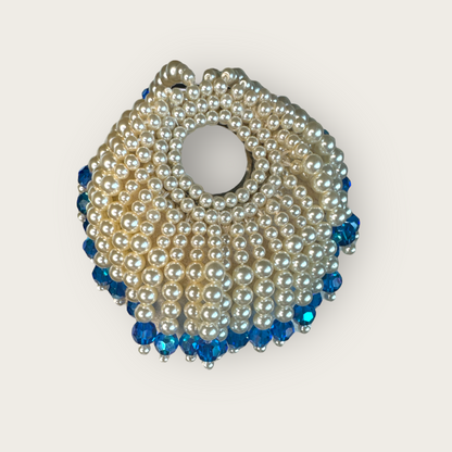 Rare Vintage 1950s–1960s Heavy Pearl and Royal Blue Faceted Glass Fringe Brooch – Unsigned Statement Pin