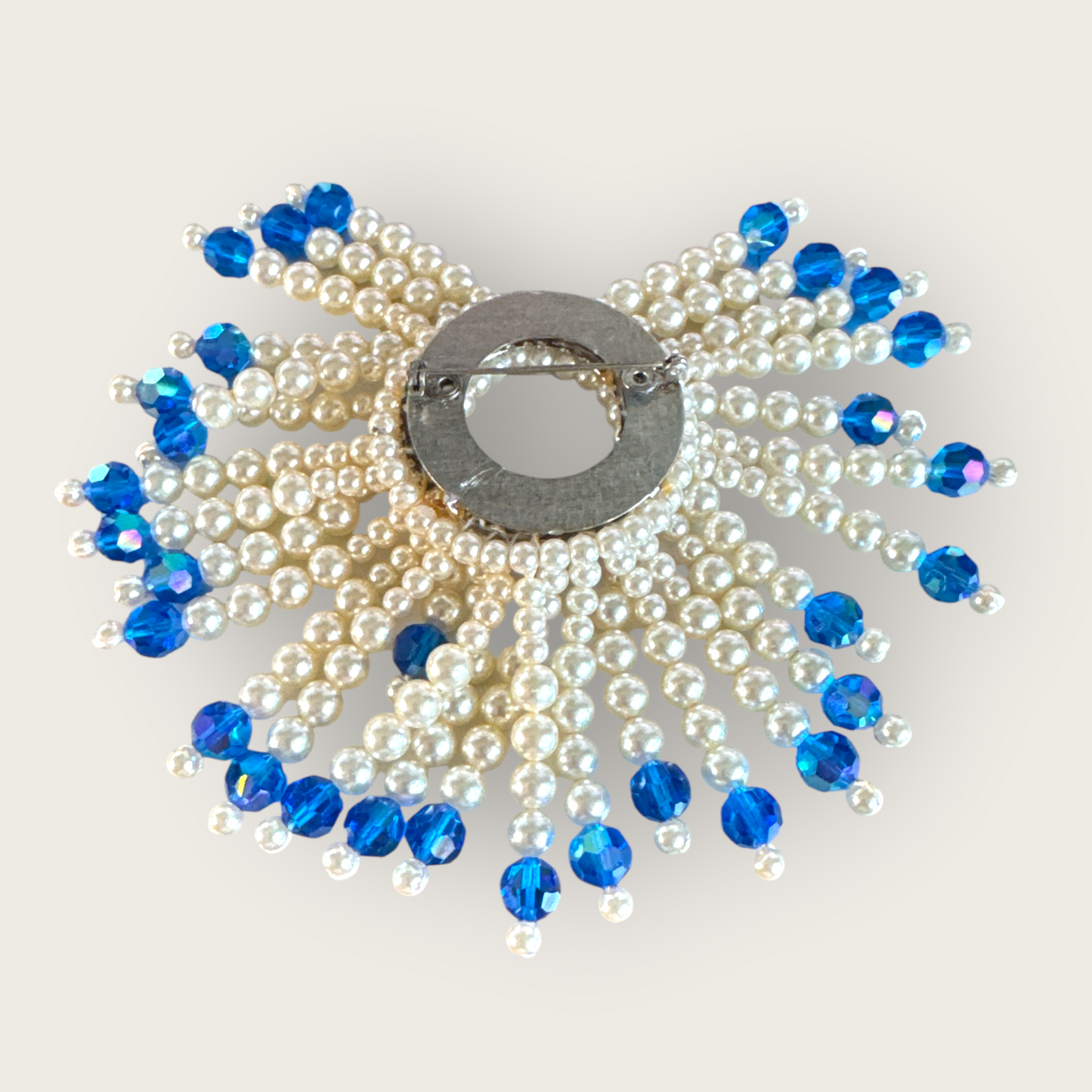 Rare Vintage 1950s–1960s Heavy Pearl and Royal Blue Faceted Glass Fringe Brooch – Unsigned Statement Pin