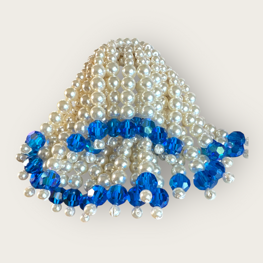 Rare Vintage 1950s–1960s Heavy Pearl and Royal Blue Faceted Glass Fringe Brooch – Unsigned Statement Pin
