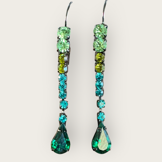Vintage-Inspired Gunmetal Drop Earrings with Graduated Green Rhinestones – 2 Inch Drop