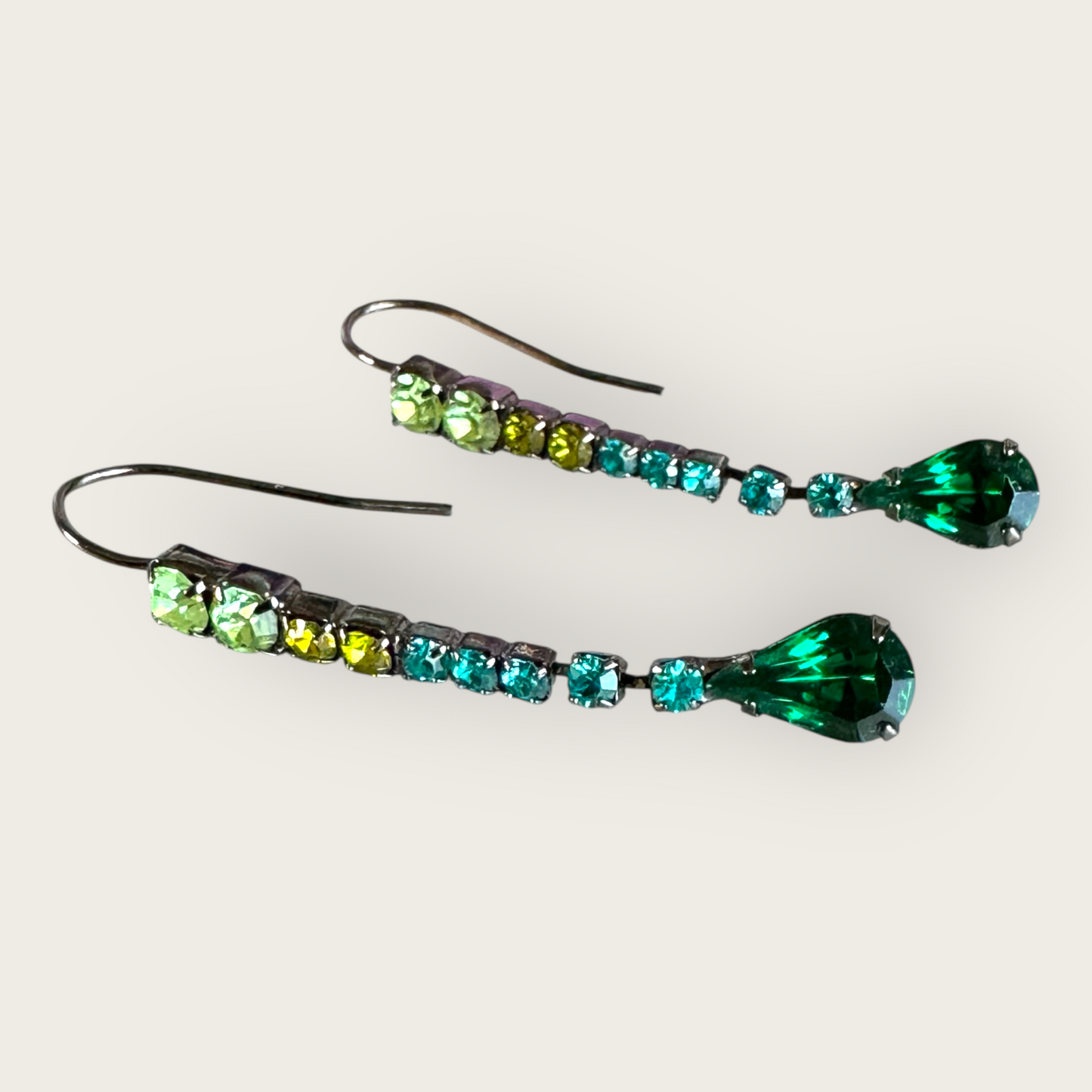 Vintage-Inspired Gunmetal Drop Earrings with Graduated Green Rhinestones – 2 Inch Drop