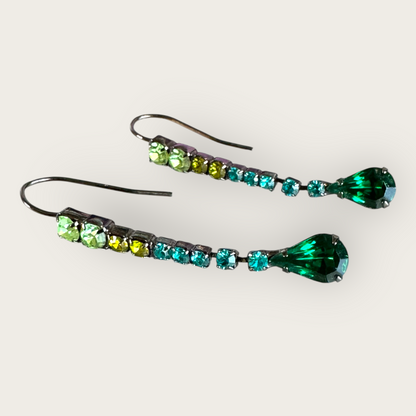 Vintage-Inspired Gunmetal Drop Earrings with Graduated Green Rhinestones – 2 Inch Drop