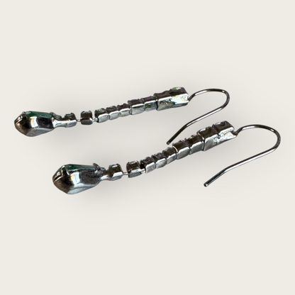 Vintage-Inspired Gunmetal Drop Earrings with Graduated Green Rhinestones – 2 Inch Drop