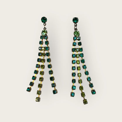 Vintage Green Ombre Rhinestone Fringe Drop Earrings – 2.25 Inch Post Back