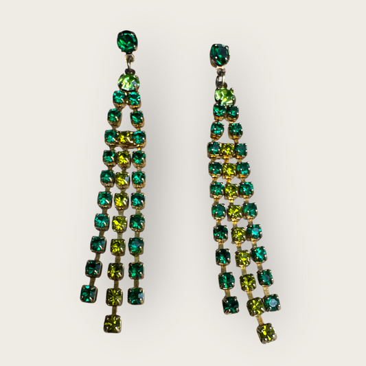 Vintage Green Ombre Rhinestone Fringe Drop Earrings – 2.25 Inch Post Back