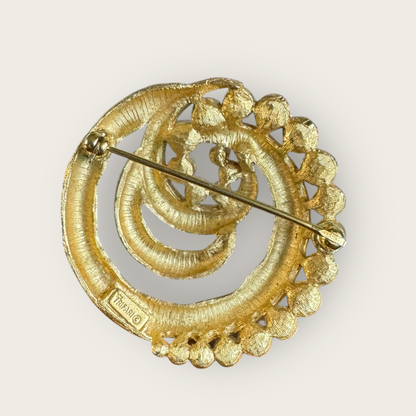 Vintage Signed Crown Trifari Gold-Tone Swirl Brooch with Faux Pearls