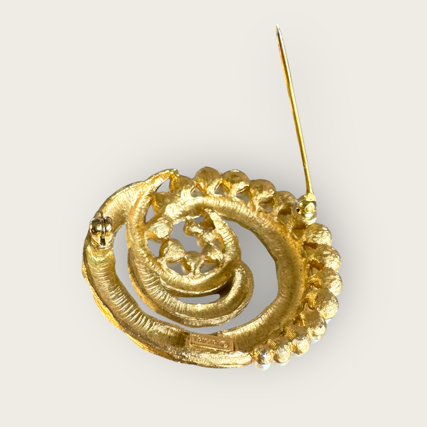 Vintage Signed Crown Trifari Gold-Tone Swirl Brooch with Faux Pearls