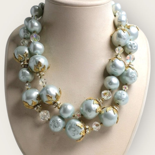 Elegant Vintage Double-Strand Beaded Choker with Aurora Borealis Crystal Spacers and Ornate Gold Leaf Caps