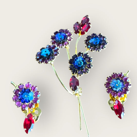 Vintage 1950s–1960s Rhinestone Floral Stem Brooch and Clip-On Earrings Set – Blue, Purple, Red Crystal Bouquet