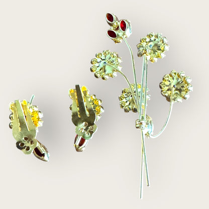 Vintage 1950s–1960s Rhinestone Floral Stem Brooch and Clip-On Earrings Set – Blue, Purple, Red Crystal Bouquet