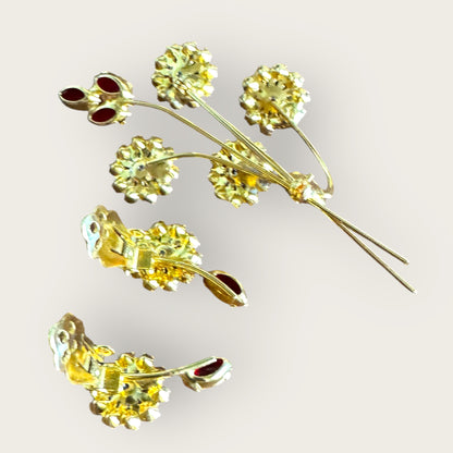 Vintage 1950s–1960s Rhinestone Floral Stem Brooch and Clip-On Earrings Set – Blue, Purple, Red Crystal Bouquet